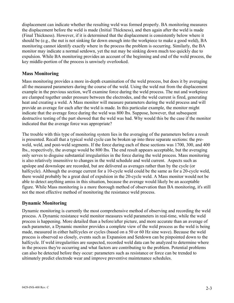 Mass monitoring, Dynamic monitoring | Dr. Livingstone, I Presume WELDWISE 2400 User Manual | Page 21 / 195