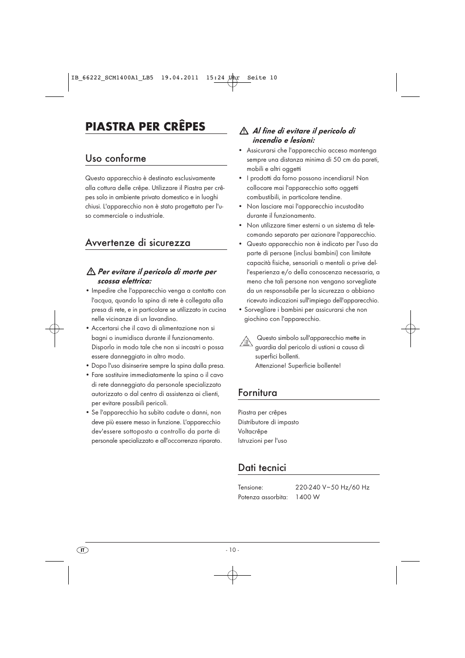 Piastra per crêpes, Uso conforme, Avvertenze di sicurezza | Fornitura, Dati tecnici | Silvercrest SCM 1400 A1 User Manual | Page 12 / 41