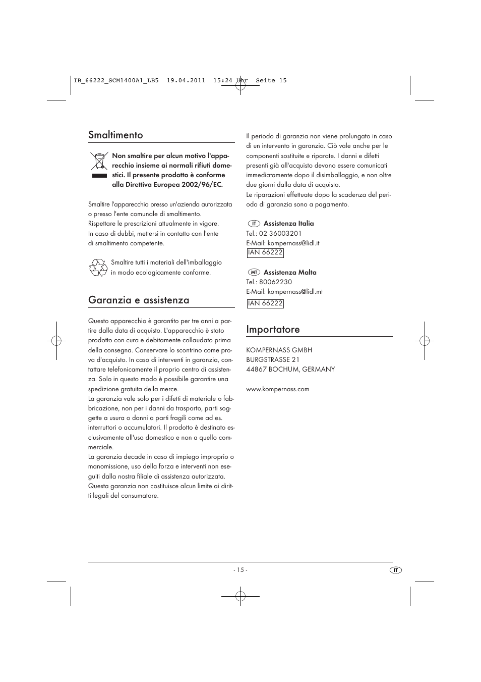 Smaltimento, Garanzia e assistenza, Importatore | Silvercrest SCM 1400 A1 User Manual | Page 17 / 41