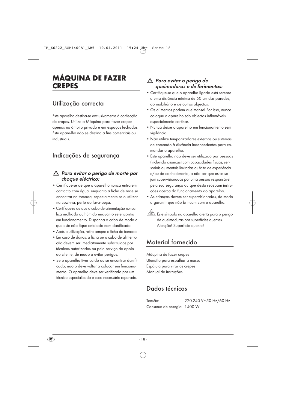 Máquina de fazer crepes, Utilização correcta, Indicações de segurança | Material fornecido, Dados técnicos | Silvercrest SCM 1400 A1 User Manual | Page 20 / 41