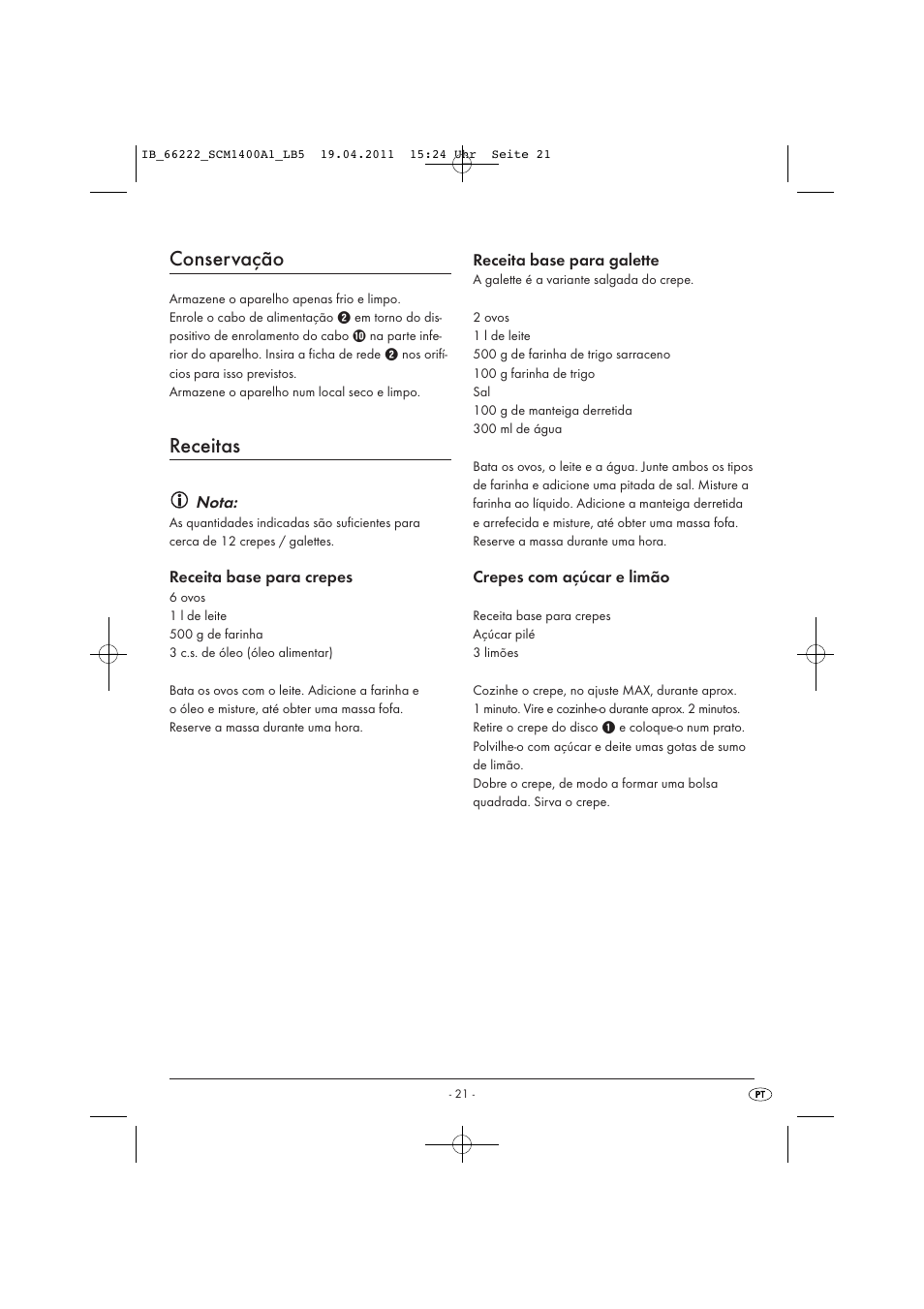 Conservação, Receitas | Silvercrest SCM 1400 A1 User Manual | Page 23 / 41