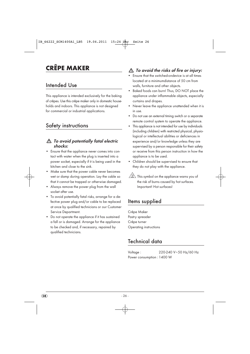 Crêpe maker, Intended use, Safety instructions | Items supplied, Technical data | Silvercrest SCM 1400 A1 User Manual | Page 28 / 41