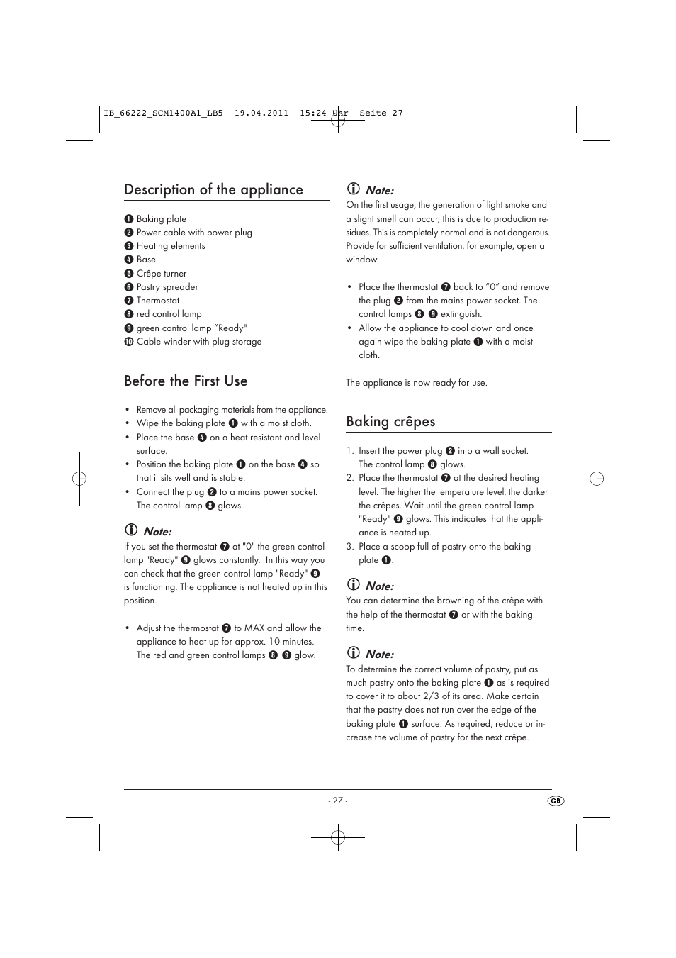 Description of the appliance, Before the first use, Baking crêpes | Silvercrest SCM 1400 A1 User Manual | Page 29 / 41