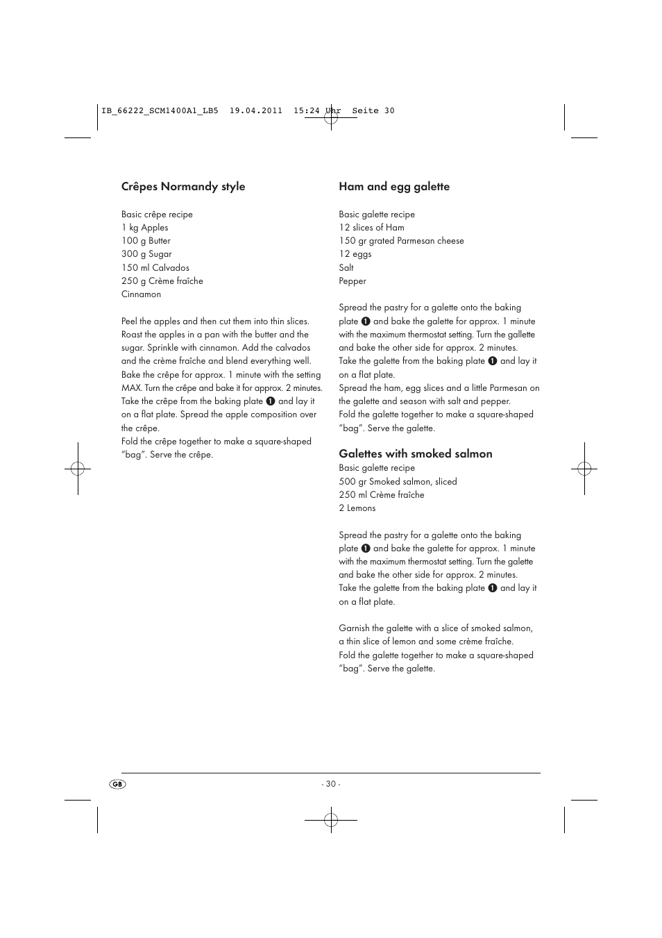 Crêpes normandy style, Ham and egg galette, Galettes with smoked salmon | Silvercrest SCM 1400 A1 User Manual | Page 32 / 41