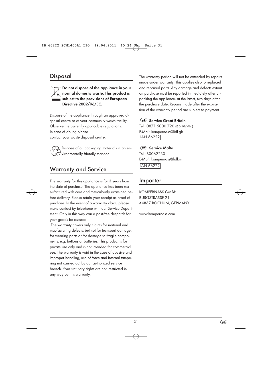 Disposal, Warranty and service, Importer | Silvercrest SCM 1400 A1 User Manual | Page 33 / 41