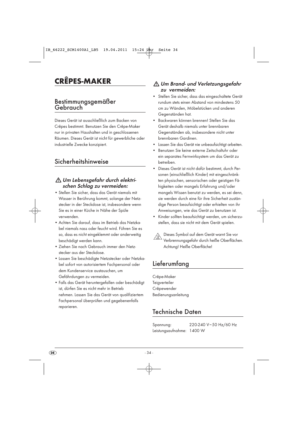 Crêpes-maker, Bestimmungsgemäßer gebrauch, Sicherheitshinweise | Lieferumfang, Technische daten | Silvercrest SCM 1400 A1 User Manual | Page 36 / 41