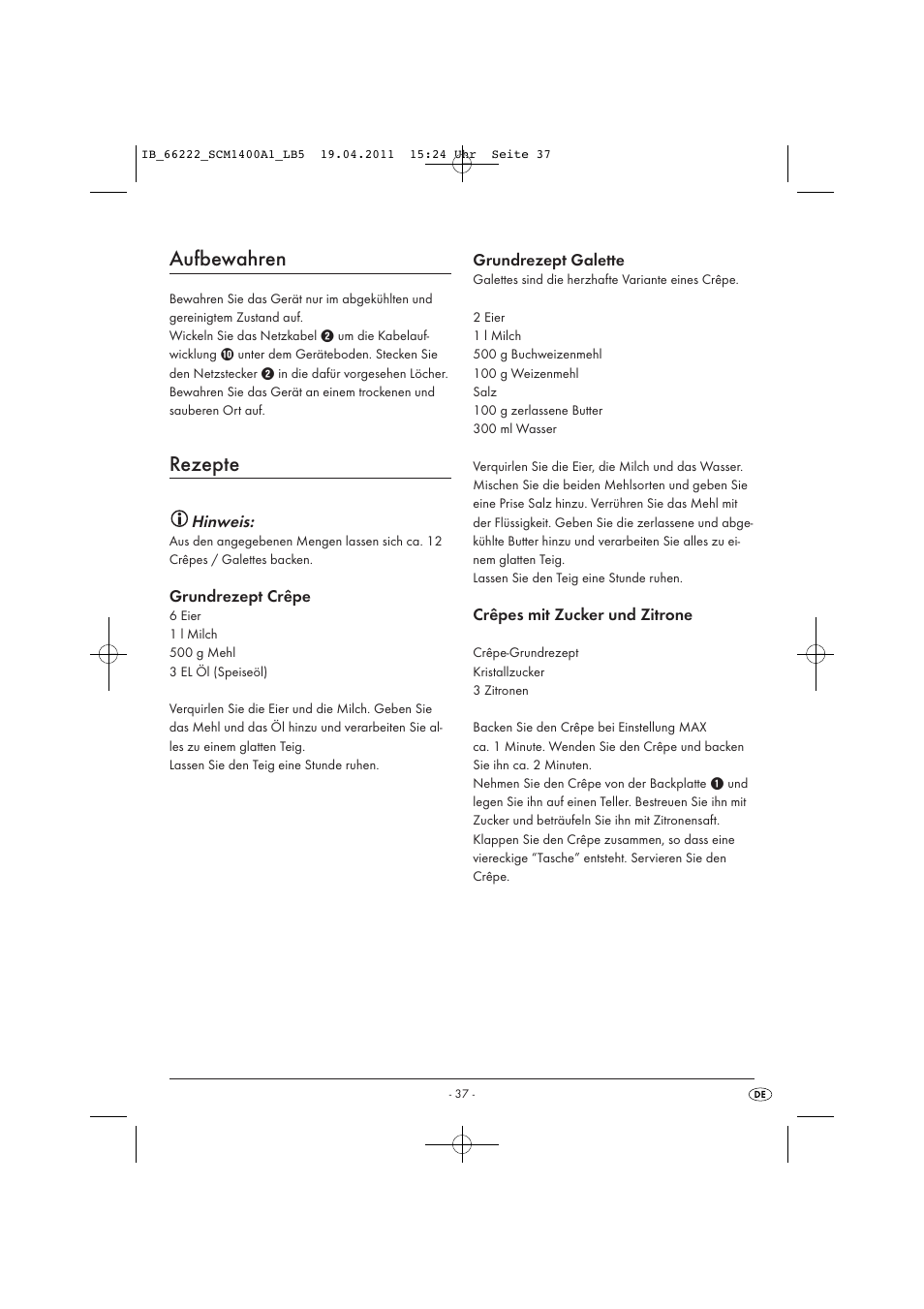 Aufbewahren, Rezepte | Silvercrest SCM 1400 A1 User Manual | Page 39 / 41