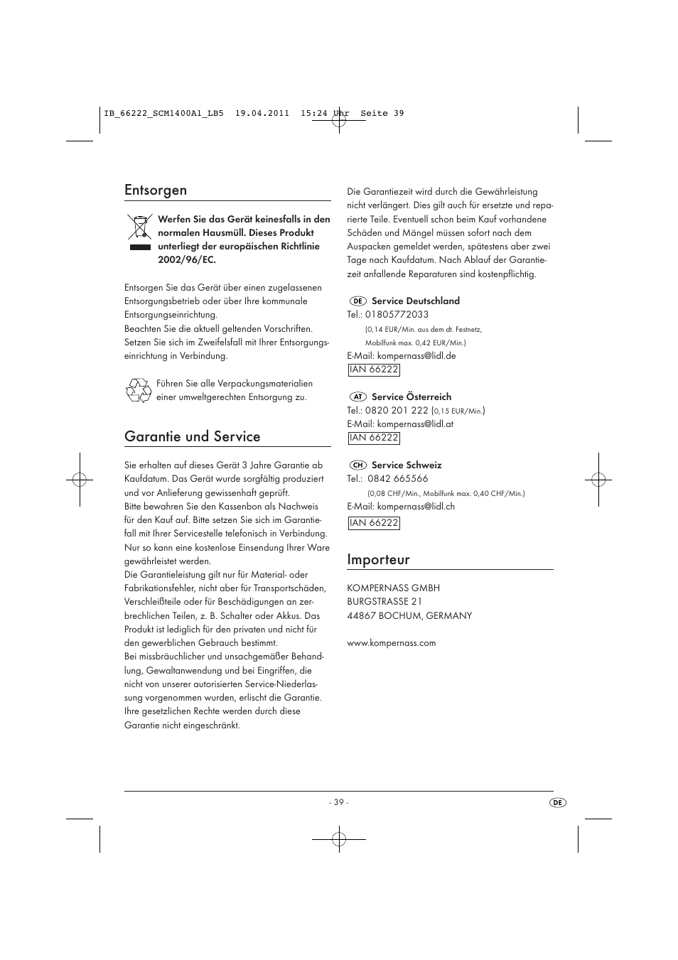 Entsorgen, Garantie und service, Importeur | Silvercrest SCM 1400 A1 User Manual | Page 41 / 41