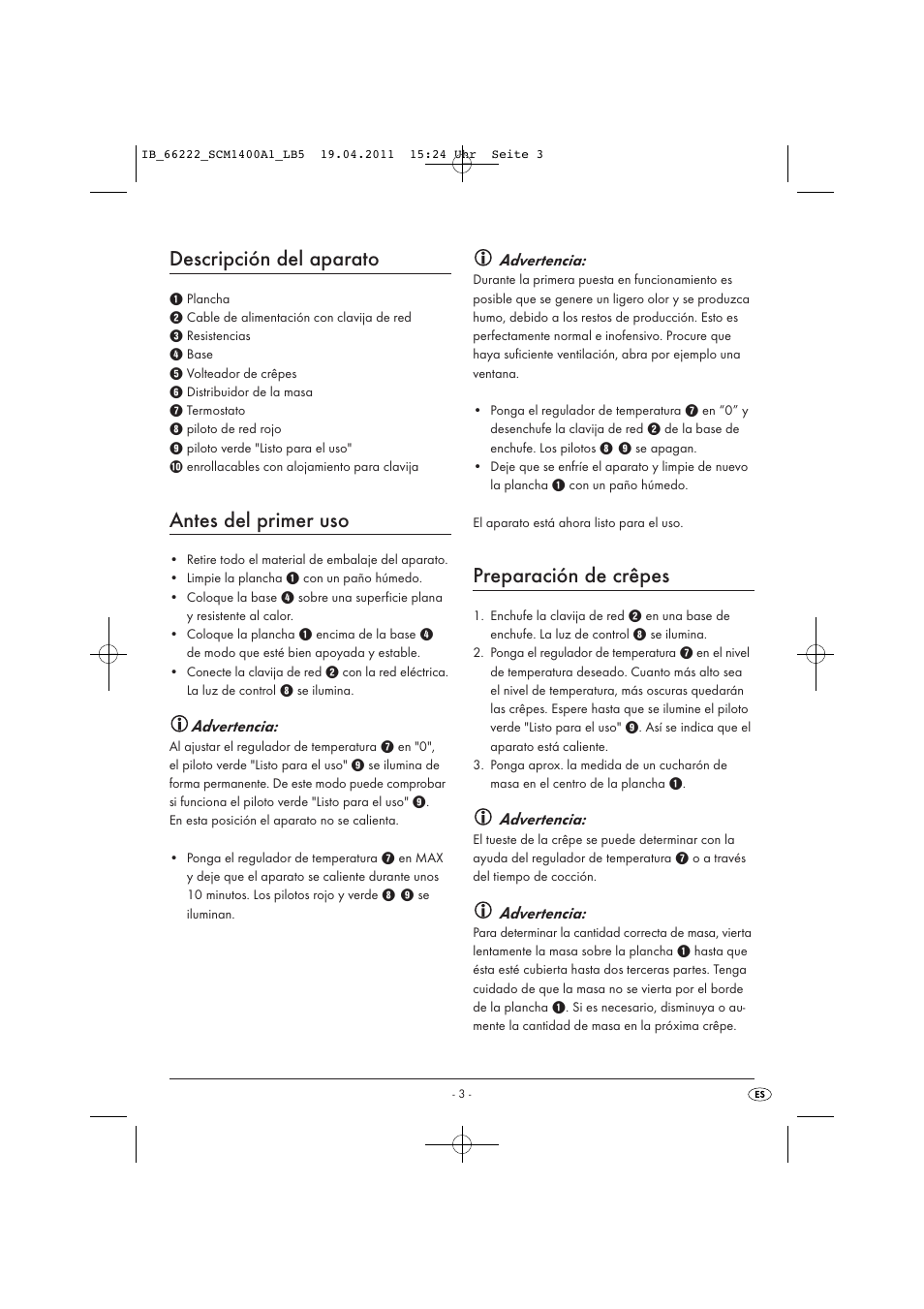 Descripción del aparato, Antes del primer uso, Preparación de crêpes | Advertencia | Silvercrest SCM 1400 A1 User Manual | Page 5 / 41