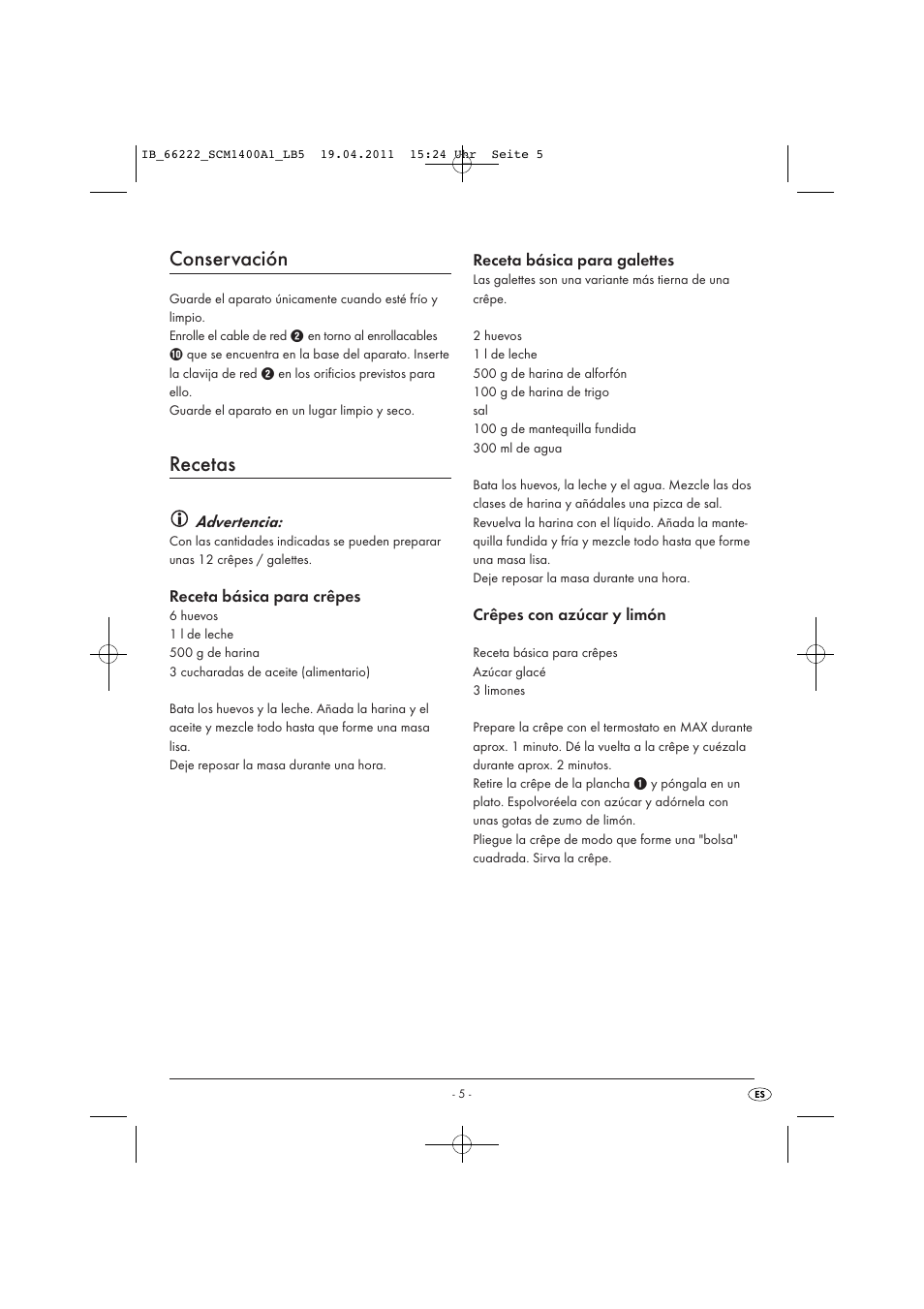 Conservación, Recetas | Silvercrest SCM 1400 A1 User Manual | Page 7 / 41