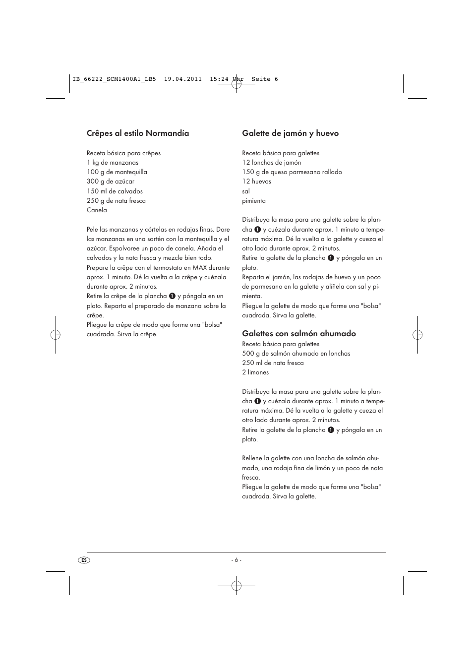 Crêpes al estilo normandía, Galette de jamón y huevo, Galettes con salmón ahumado | Silvercrest SCM 1400 A1 User Manual | Page 8 / 41