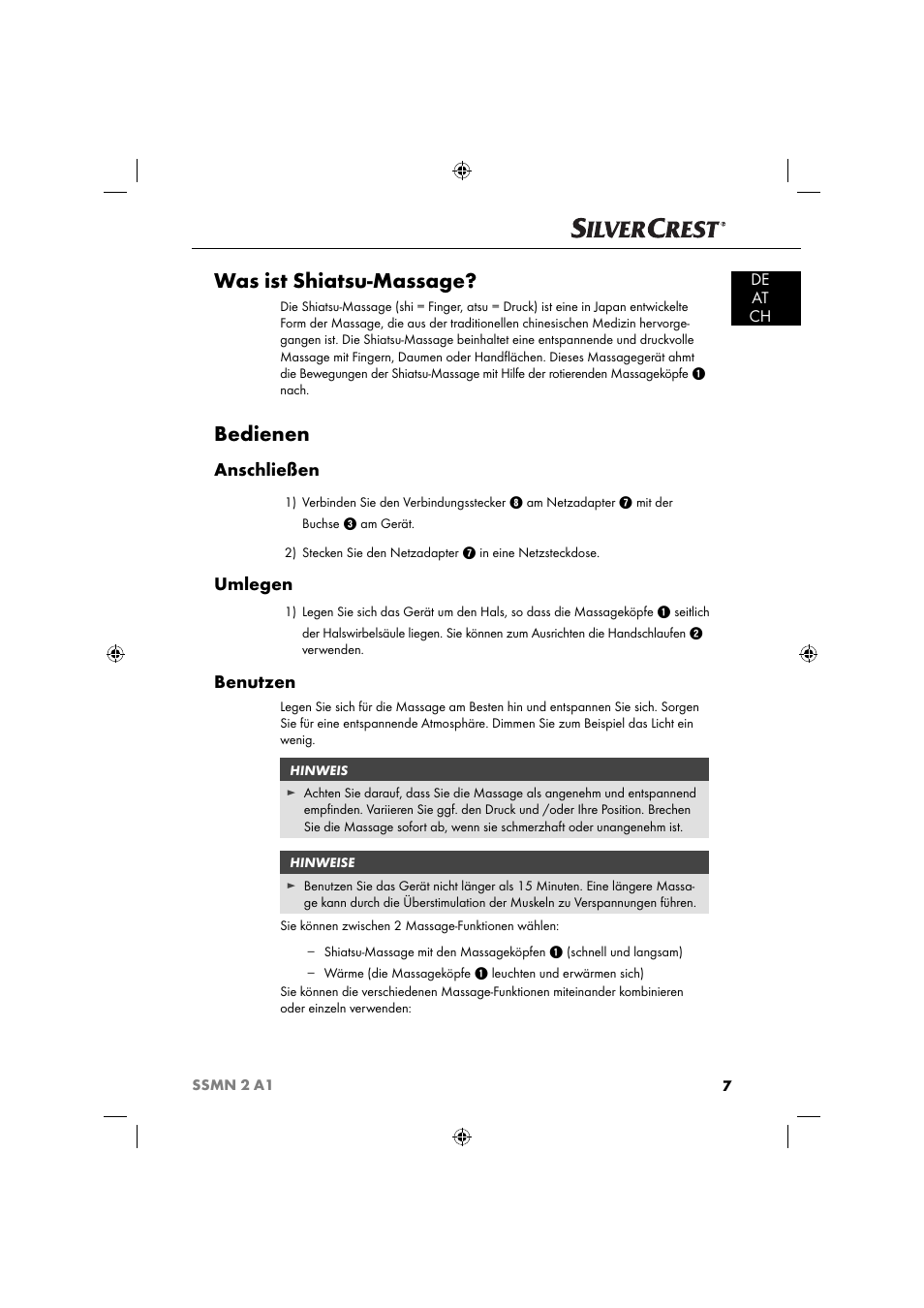 Was ist shiatsu-massage, Bedienen, Anschließen | Umlegen, Benutzen, De at ch | Silvercrest SSMN 2 A1 User Manual | Page 10 / 50