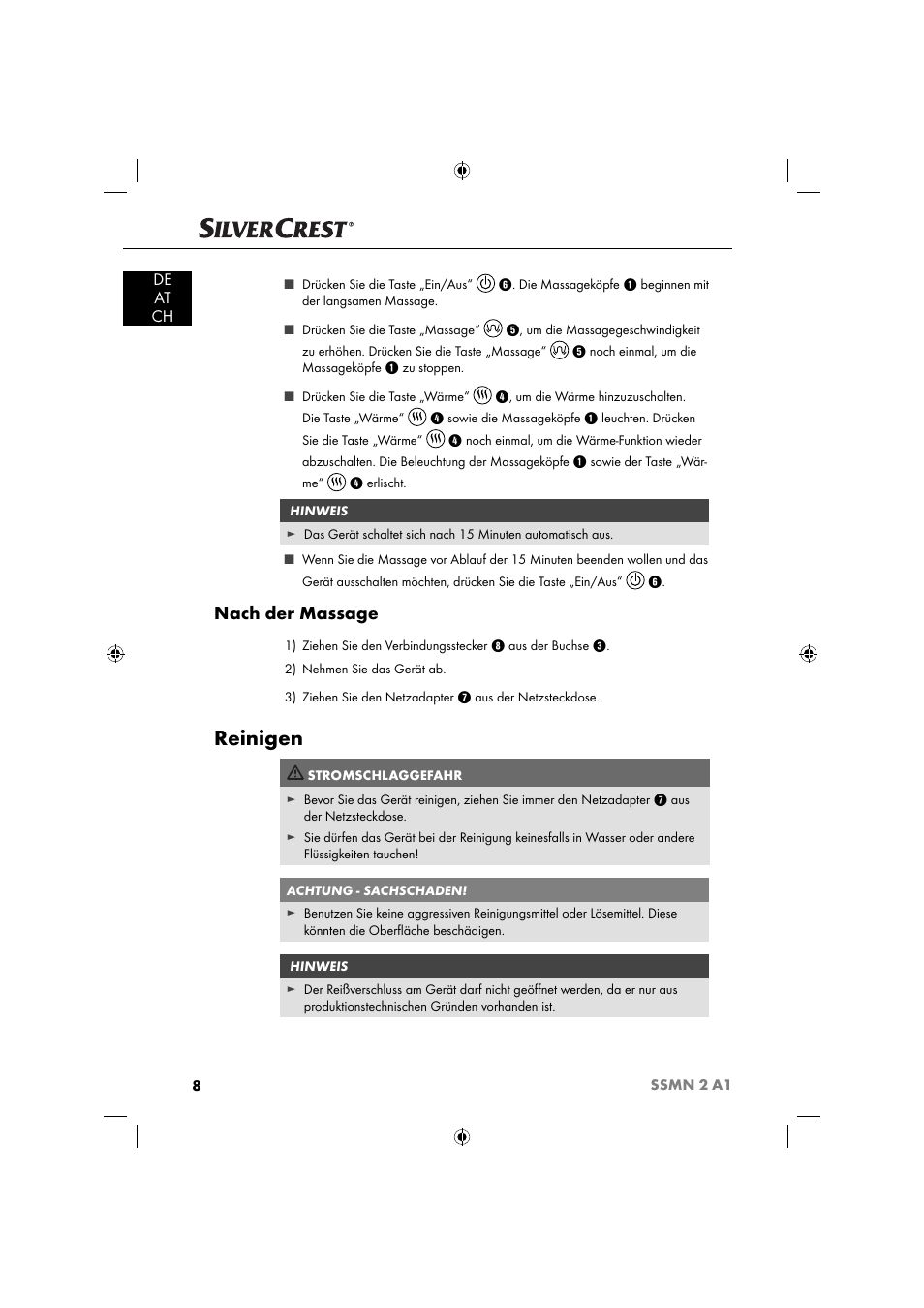 Reinigen, Nach der massage, De at ch | Silvercrest SSMN 2 A1 User Manual | Page 11 / 50