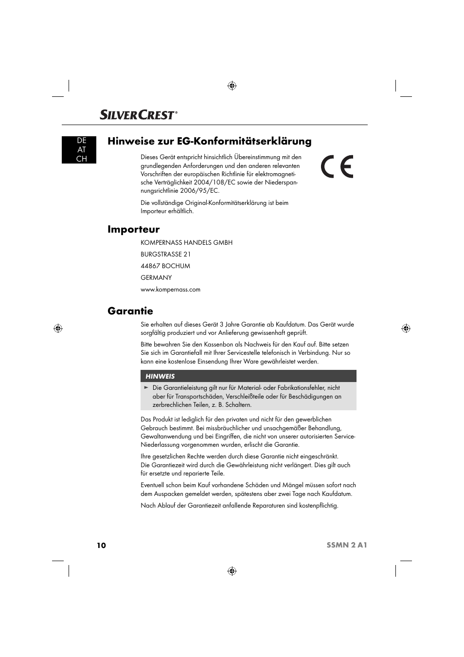 Hinweise zur eg-konformitätserklärung, Importeur, Garantie | De at ch | Silvercrest SSMN 2 A1 User Manual | Page 13 / 50