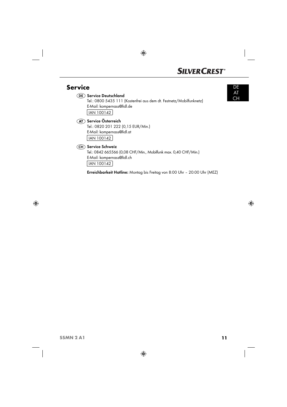 Service, De at ch | Silvercrest SSMN 2 A1 User Manual | Page 14 / 50