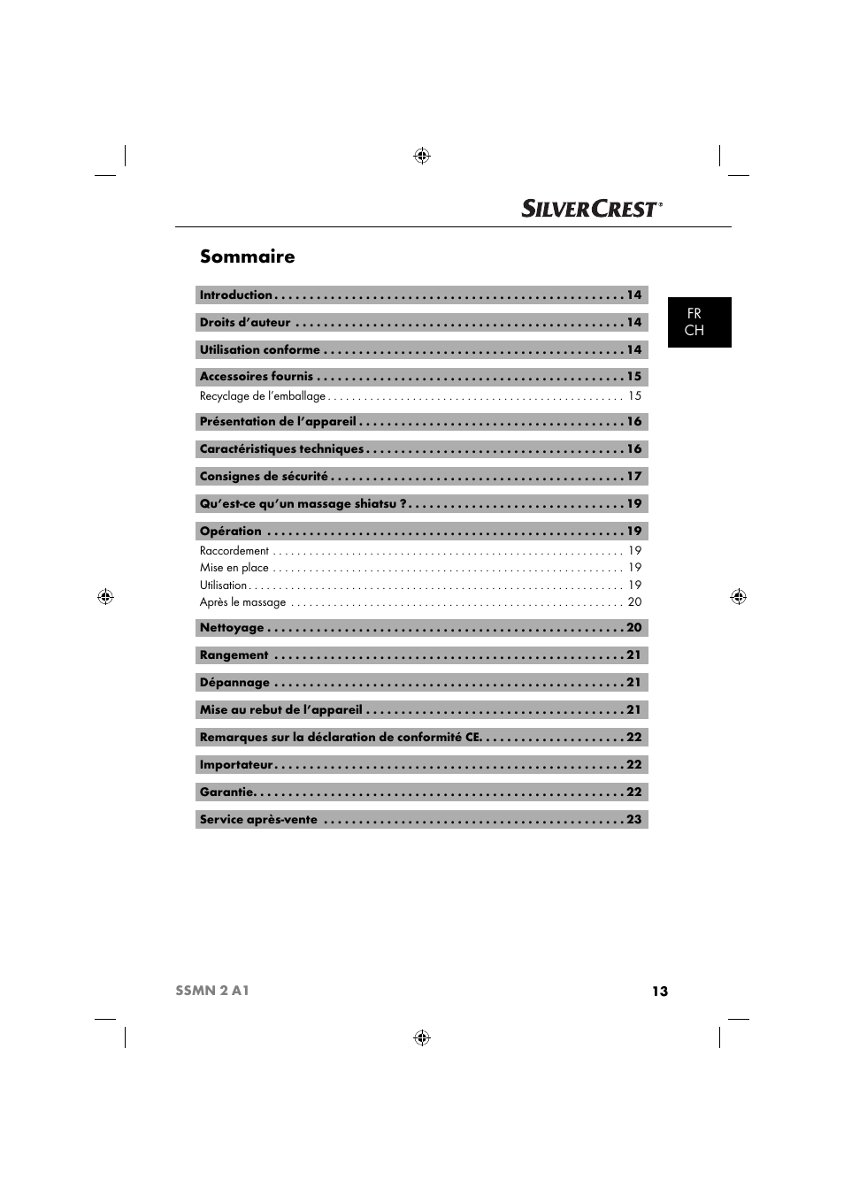 Sommaire, Fr ch | Silvercrest SSMN 2 A1 User Manual | Page 16 / 50