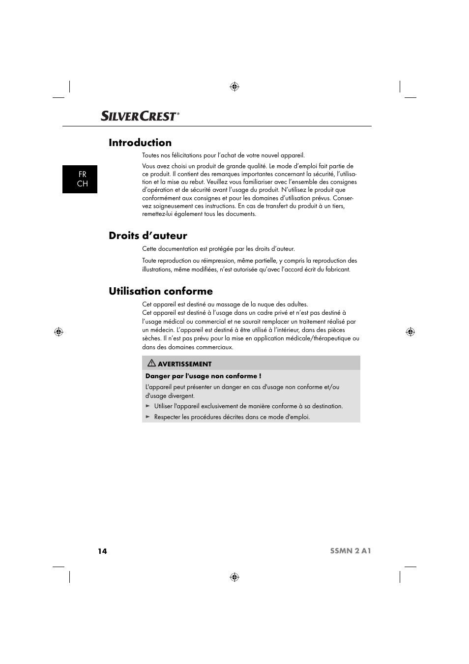 Introduction, Droits d’auteur, Utilisation conforme | Fr ch | Silvercrest SSMN 2 A1 User Manual | Page 17 / 50