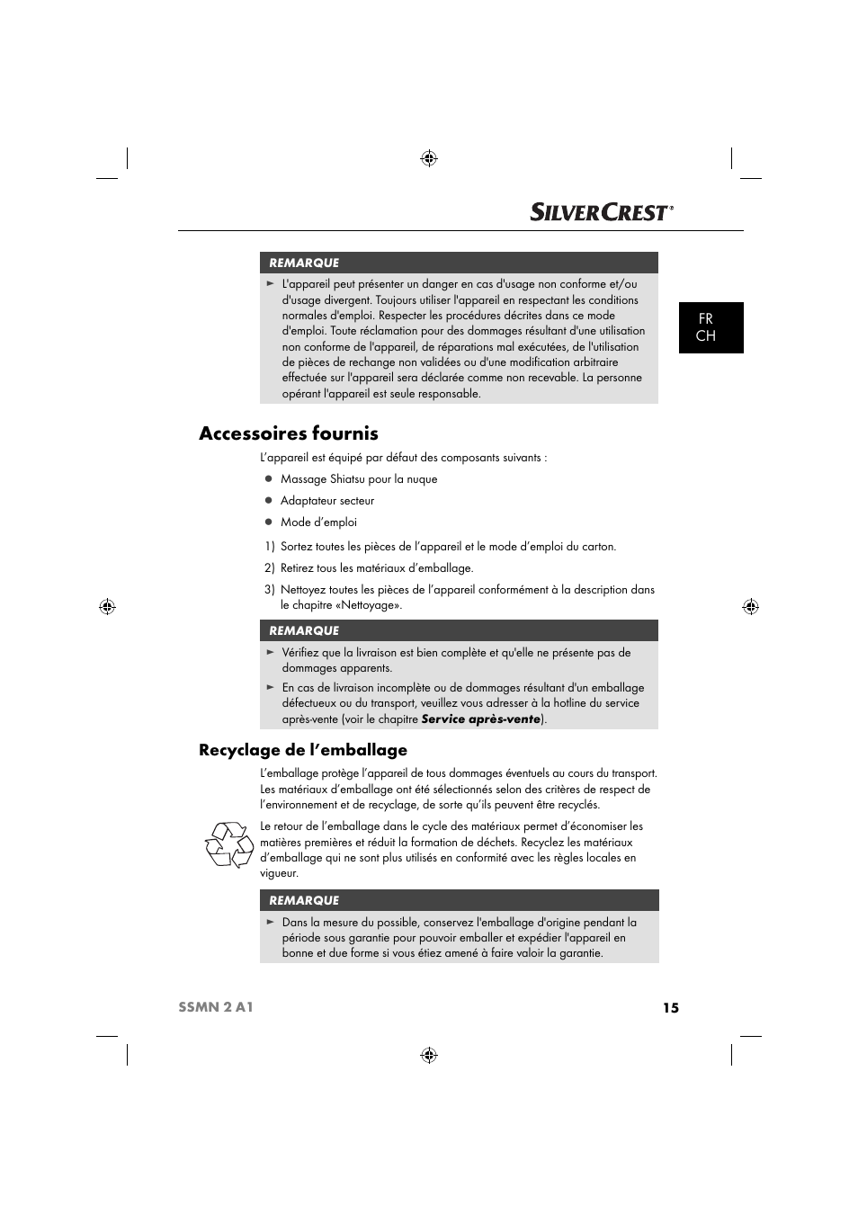 Accessoires fournis, Recyclage de l’emballage, Fr ch | Silvercrest SSMN 2 A1 User Manual | Page 18 / 50