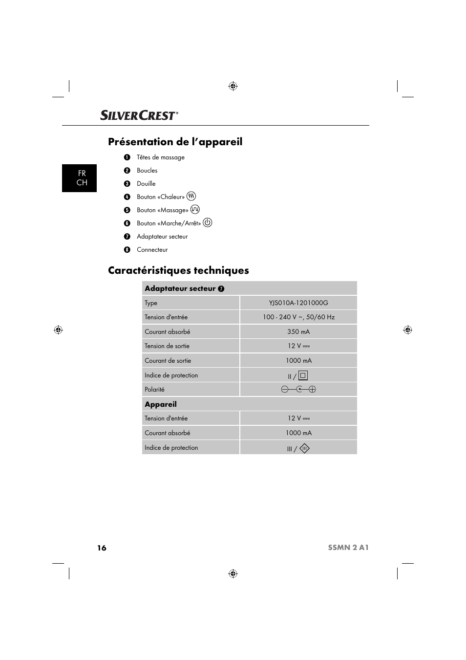 Présentation de l’appareil, Caractéristiques techniques, Fr ch | Silvercrest SSMN 2 A1 User Manual | Page 19 / 50