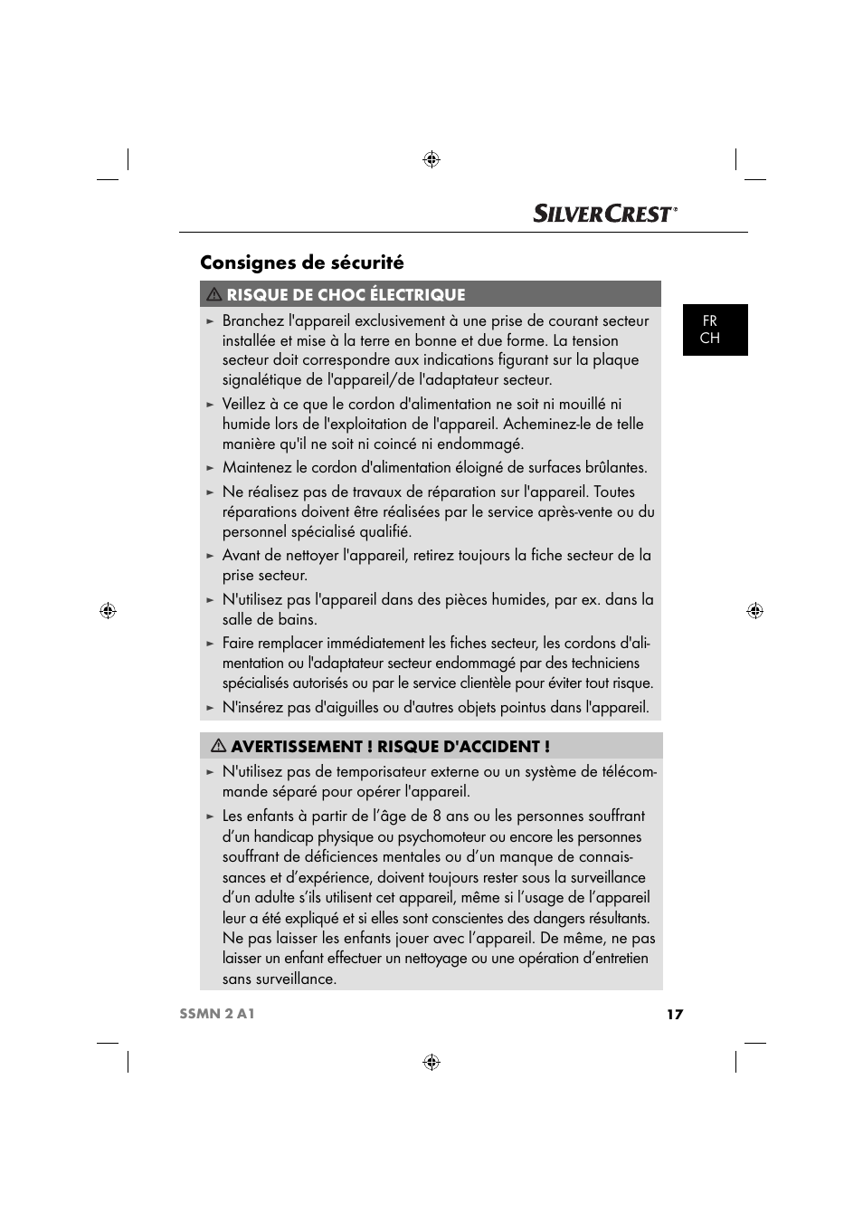 Consignes de sécurité, Risque de choc électrique | Silvercrest SSMN 2 A1 User Manual | Page 20 / 50