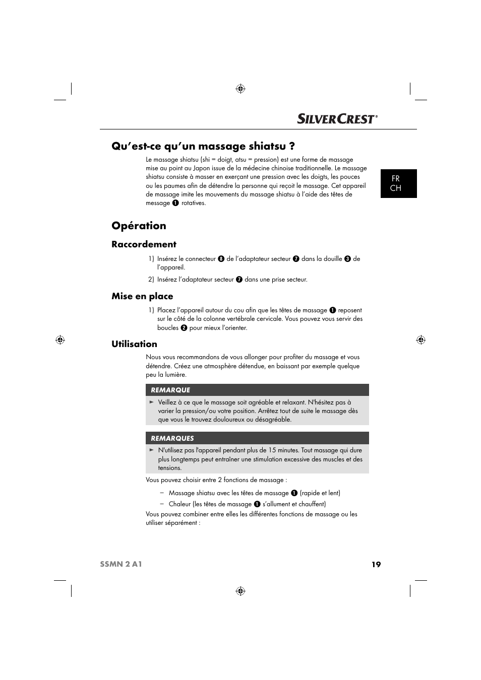 Qu’est-ce qu’un massage shiatsu, Opération, Raccordement | Mise en place, Utilisation, Fr ch | Silvercrest SSMN 2 A1 User Manual | Page 22 / 50