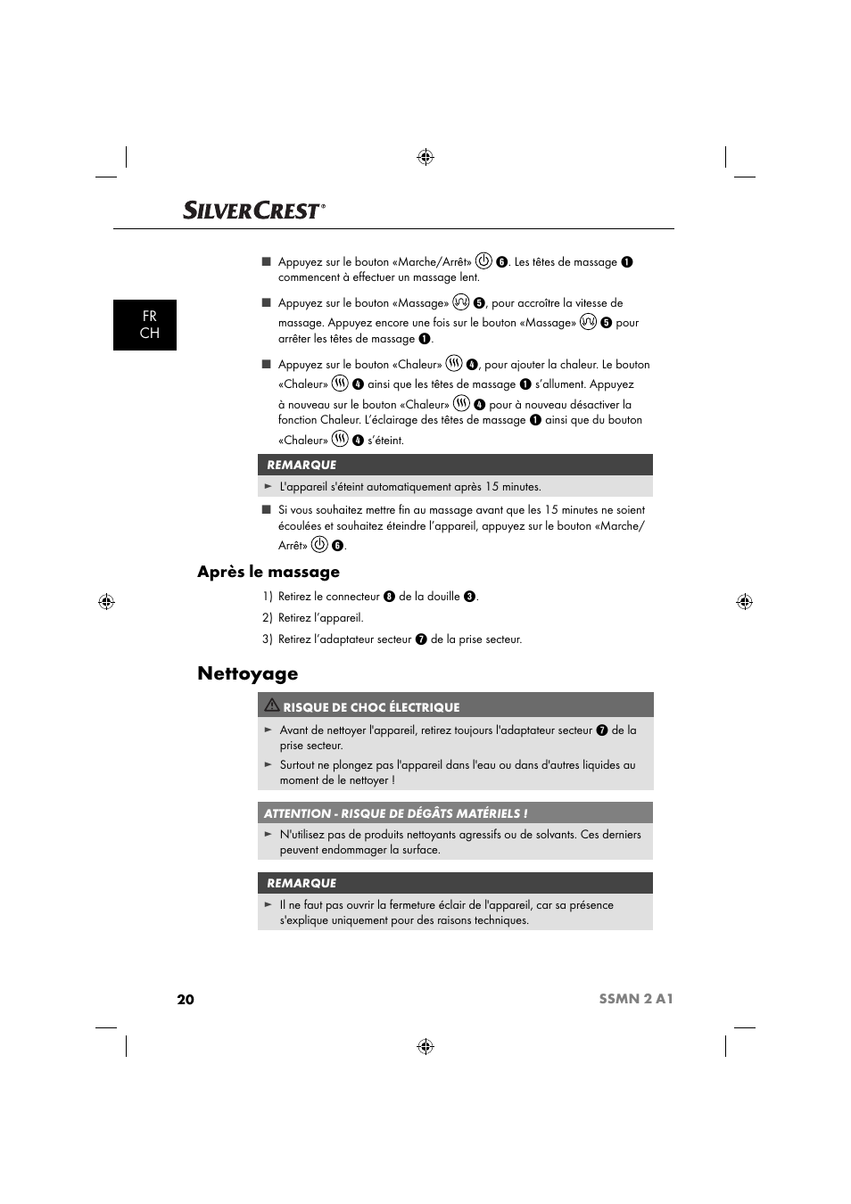 Nettoyage, Après le massage, Fr ch | Silvercrest SSMN 2 A1 User Manual | Page 23 / 50