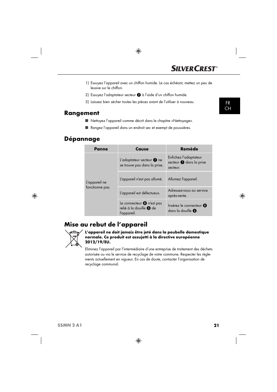 Rangement, Dépannage, Mise au rebut de l’appareil | Fr ch | Silvercrest SSMN 2 A1 User Manual | Page 24 / 50