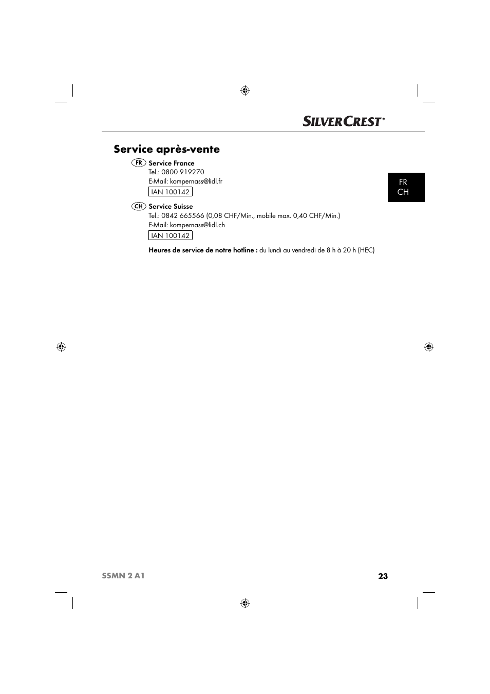 Service après-vente, Fr ch | Silvercrest SSMN 2 A1 User Manual | Page 26 / 50