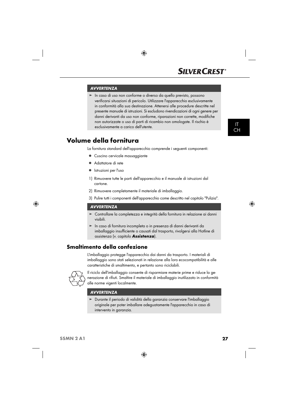 Volume della fornitura, Smaltimento della confezione, It ch | Silvercrest SSMN 2 A1 User Manual | Page 30 / 50