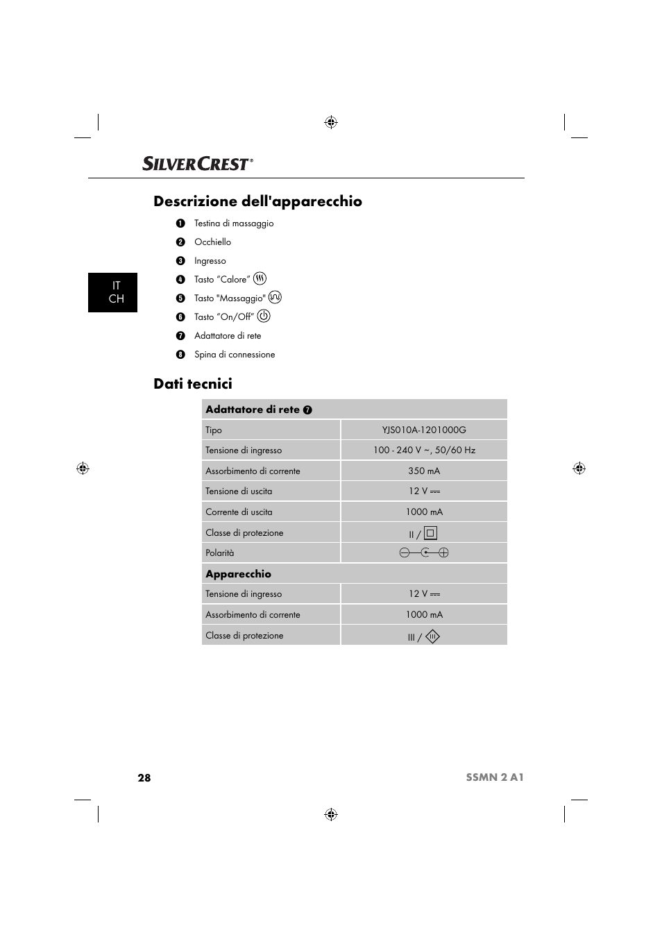 Descrizione dell'apparecchio, Dati tecnici, It ch | Silvercrest SSMN 2 A1 User Manual | Page 31 / 50