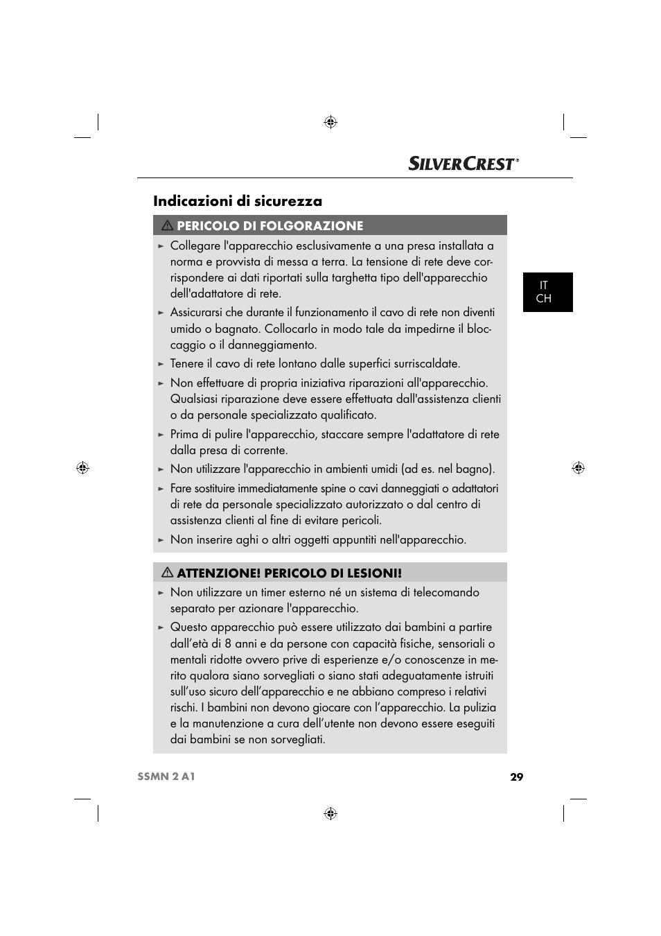 Indicazioni di sicurezza, Pericolo di folgorazione | Silvercrest SSMN 2 A1 User Manual | Page 32 / 50