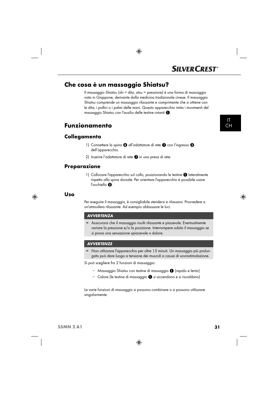 Che cosa è un massaggio shiatsu, Funzionamento, Collegamento | Preparazione, It ch | Silvercrest SSMN 2 A1 User Manual | Page 34 / 50