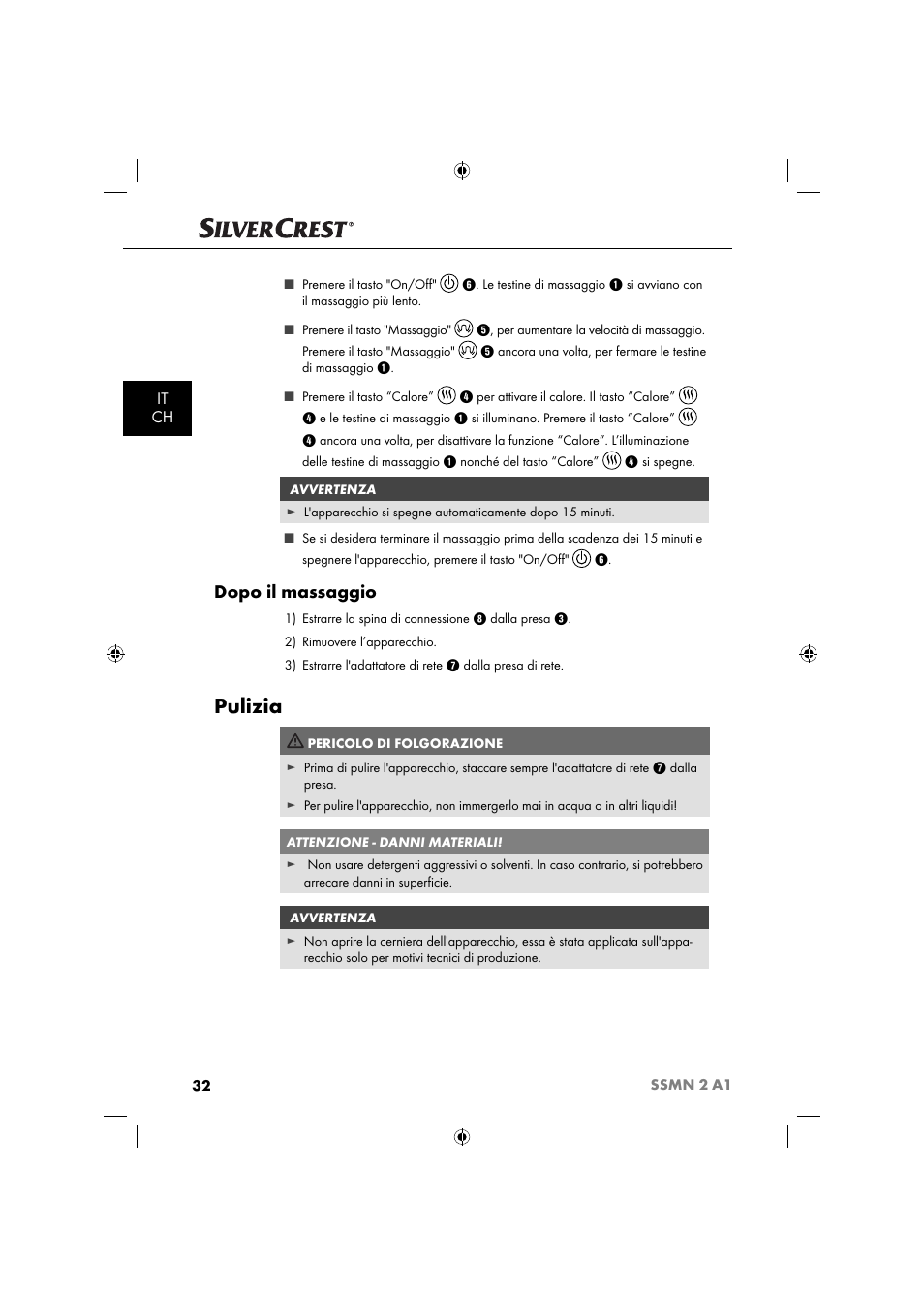 Pulizia, Dopo il massaggio, It ch | Silvercrest SSMN 2 A1 User Manual | Page 35 / 50