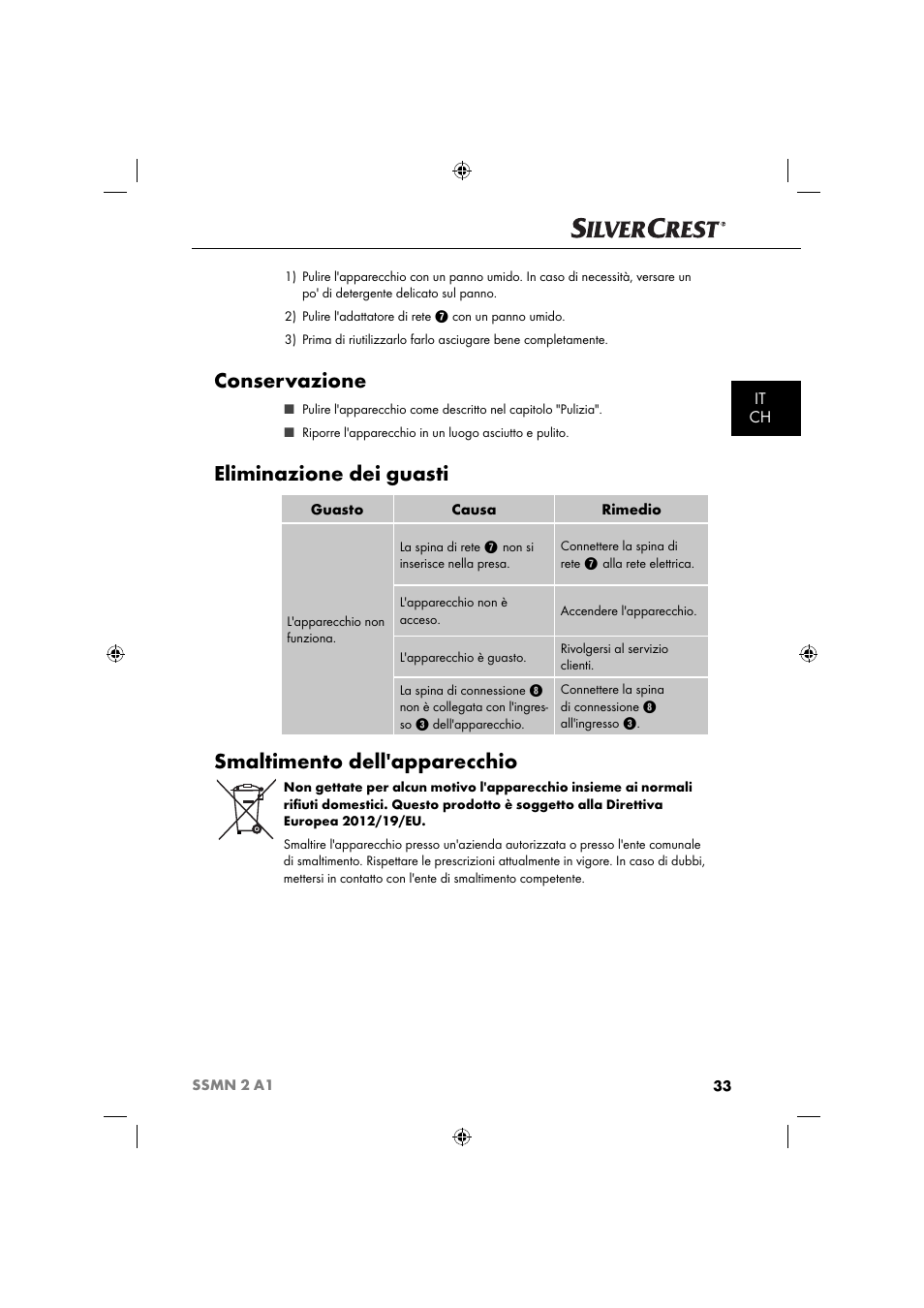 Conservazione, Eliminazione dei guasti, Smaltimento dell'apparecchio | It ch | Silvercrest SSMN 2 A1 User Manual | Page 36 / 50