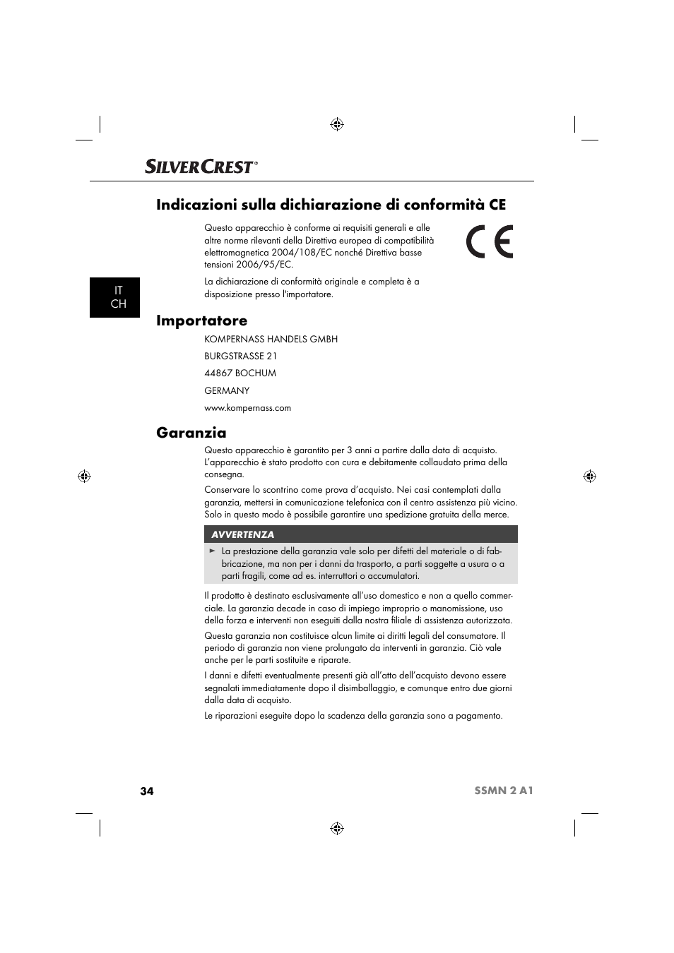 Indicazioni sulla dichiarazione di conformità ce, Importatore, Garanzia | It ch | Silvercrest SSMN 2 A1 User Manual | Page 37 / 50