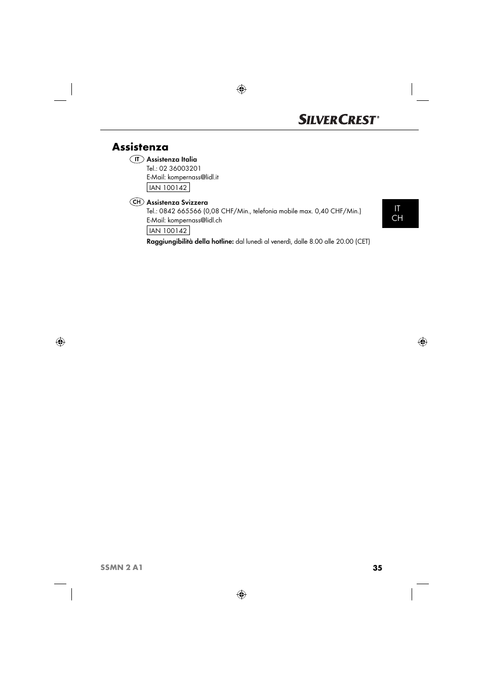 Assistenza, It ch | Silvercrest SSMN 2 A1 User Manual | Page 38 / 50