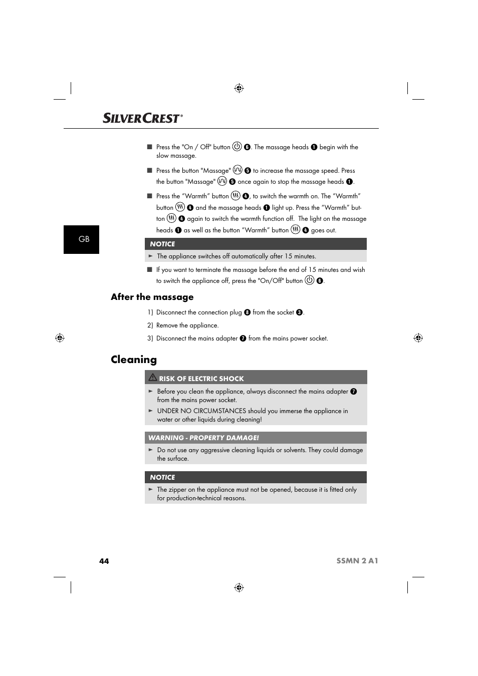 Cleaning, After the massage | Silvercrest SSMN 2 A1 User Manual | Page 47 / 50