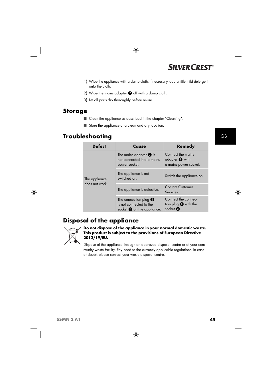 Storage, Troubleshooting, Disposal of the appliance | Silvercrest SSMN 2 A1 User Manual | Page 48 / 50
