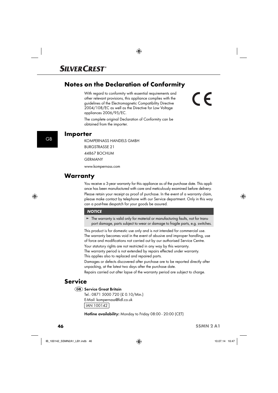 Importer, Warranty, Service | Silvercrest SSMN 2 A1 User Manual | Page 49 / 50