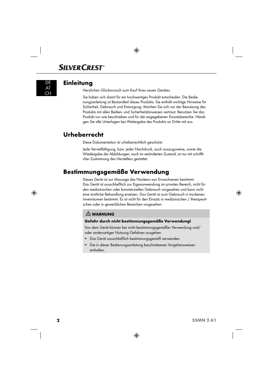 Einleitung, Urheberrecht, Bestimmungsgemäße verwendung | De at ch | Silvercrest SSMN 2 A1 User Manual | Page 5 / 50