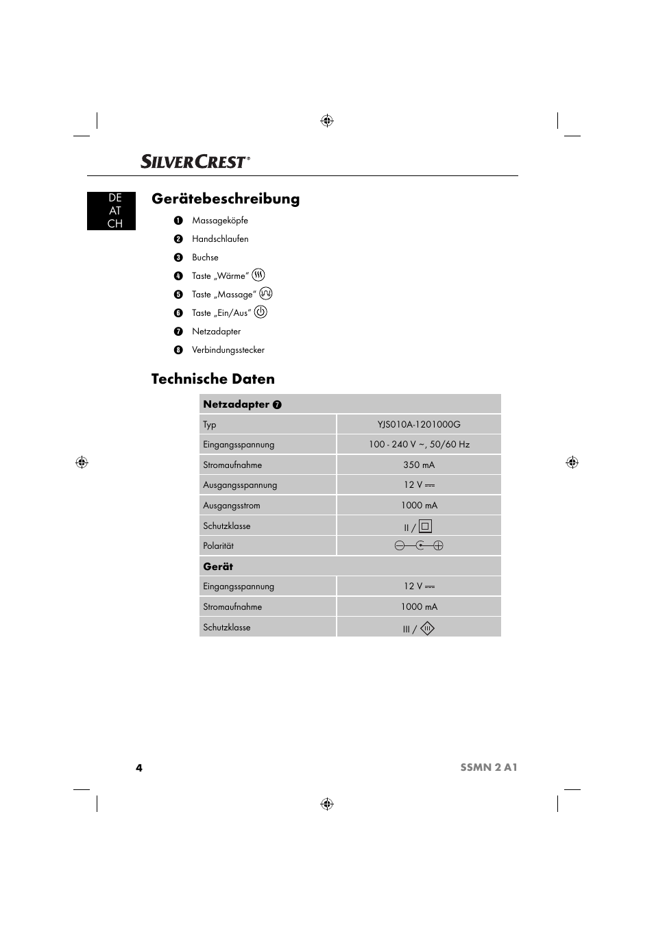 Gerätebeschreibung, Technische daten, De at ch | Silvercrest SSMN 2 A1 User Manual | Page 7 / 50