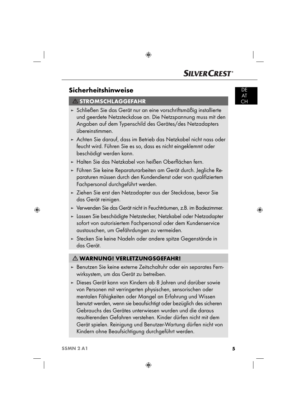 Sicherheitshinweise, Stromschlaggefahr | Silvercrest SSMN 2 A1 User Manual | Page 8 / 50