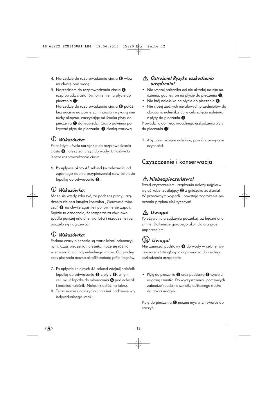 Czyszczenie i konserwacja, Wskazówka, Ostrożnie! ryzyko uszkodzenia urządzenia | Niebezpieczeństwo, Uwaga | Silvercrest SCM 1400 A1 User Manual | Page 14 / 58