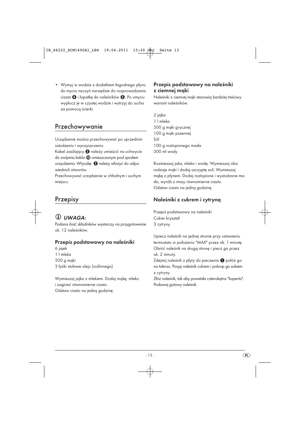 Przechowywanie, Przepisy | Silvercrest SCM 1400 A1 User Manual | Page 15 / 58