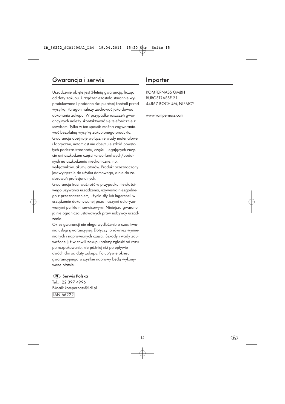 Gwarancja i serwis, Importer | Silvercrest SCM 1400 A1 User Manual | Page 17 / 58