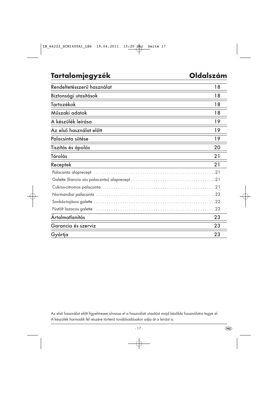 Tartalomjegyzék oldalszám | Silvercrest SCM 1400 A1 User Manual | Page 19 / 58