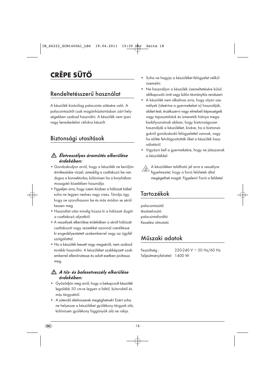Crêpe sütő, Rendeltetésszerű használat, Biztonsági utasítások | Tartozékok, Műszaki adatok | Silvercrest SCM 1400 A1 User Manual | Page 20 / 58