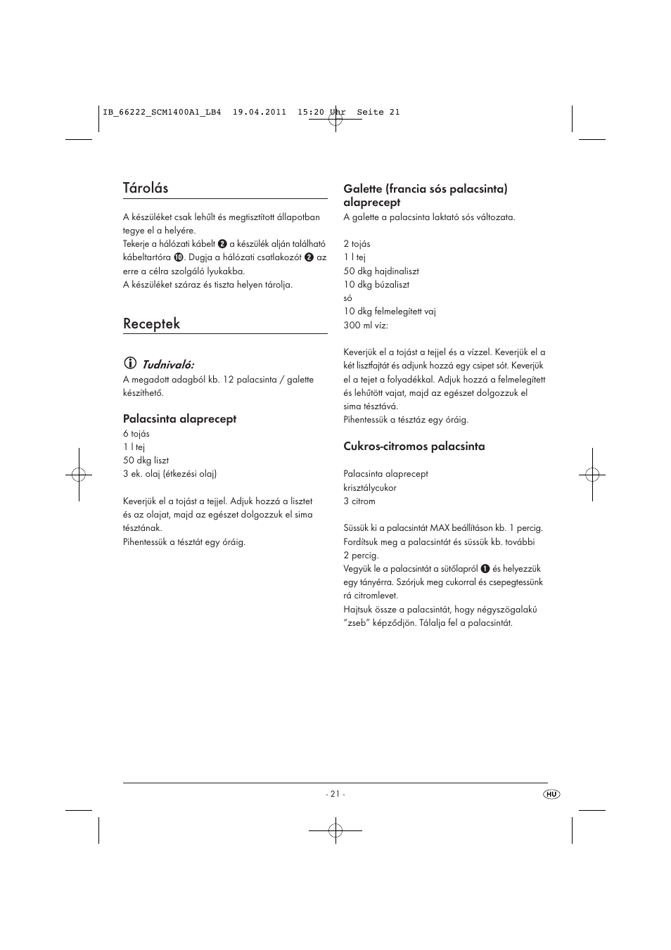 Tárolás, Receptek | Silvercrest SCM 1400 A1 User Manual | Page 23 / 58