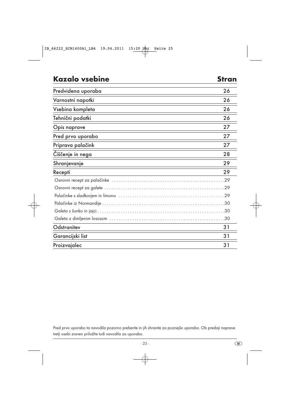 Kazalo vsebine stran | Silvercrest SCM 1400 A1 User Manual | Page 27 / 58