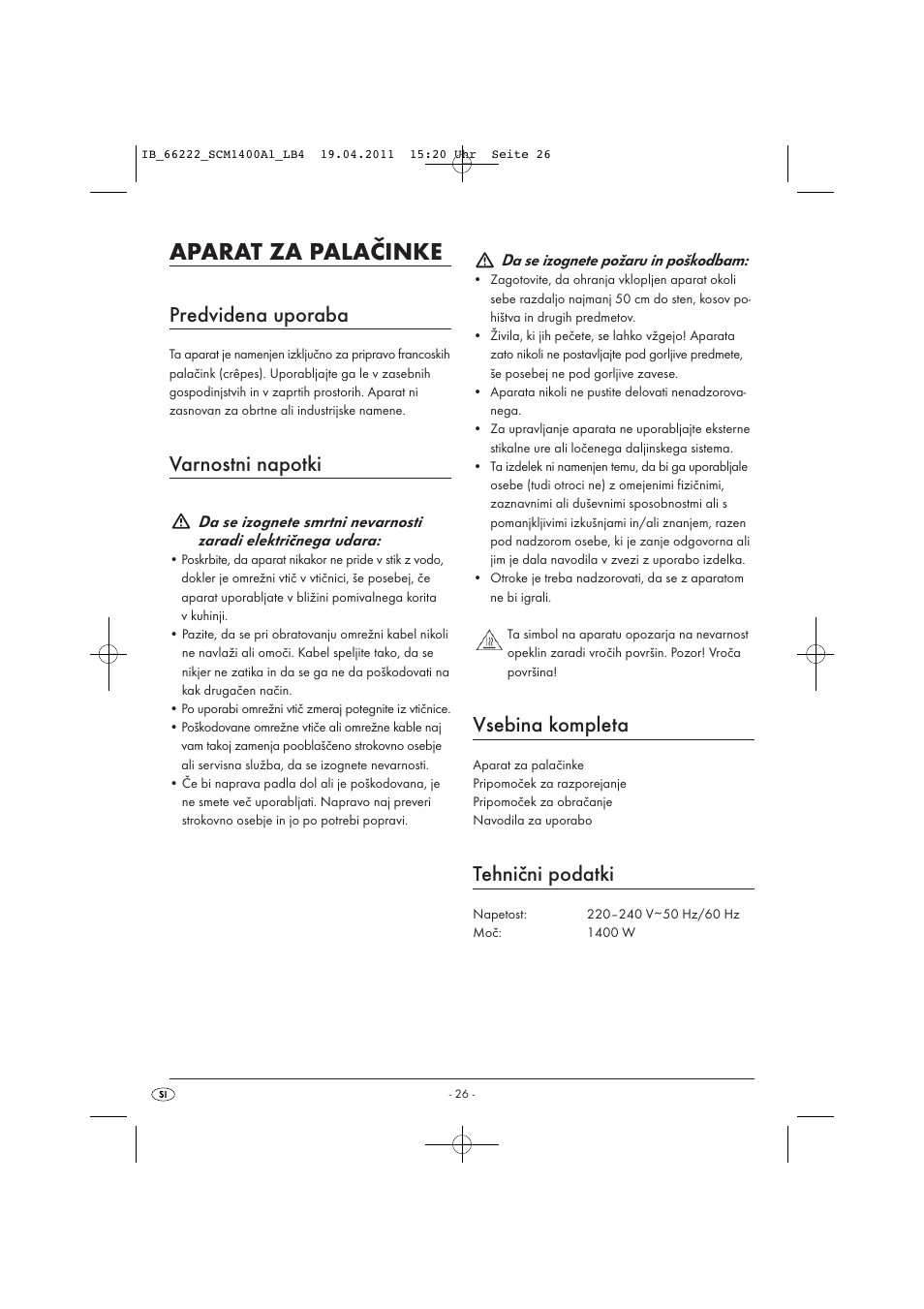 Aparat za palačinke, Predvidena uporaba, Varnostni napotki | Vsebina kompleta, Tehnični podatki | Silvercrest SCM 1400 A1 User Manual | Page 28 / 58